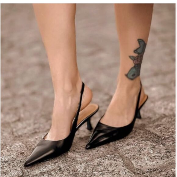 FSJ Black Kitten Heel Slingback Sandals Pointy Toe Sexy Pumps Party Shoes - Picture 1 of 8